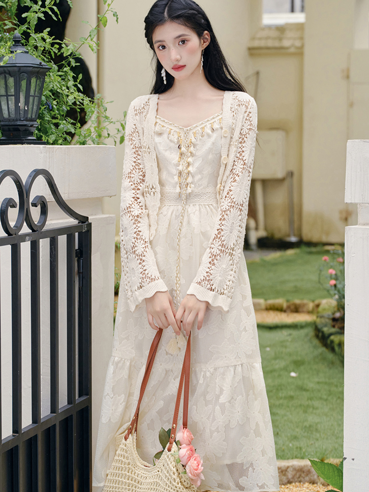 Knitted cardigan summer strap dress 2pcs set for women