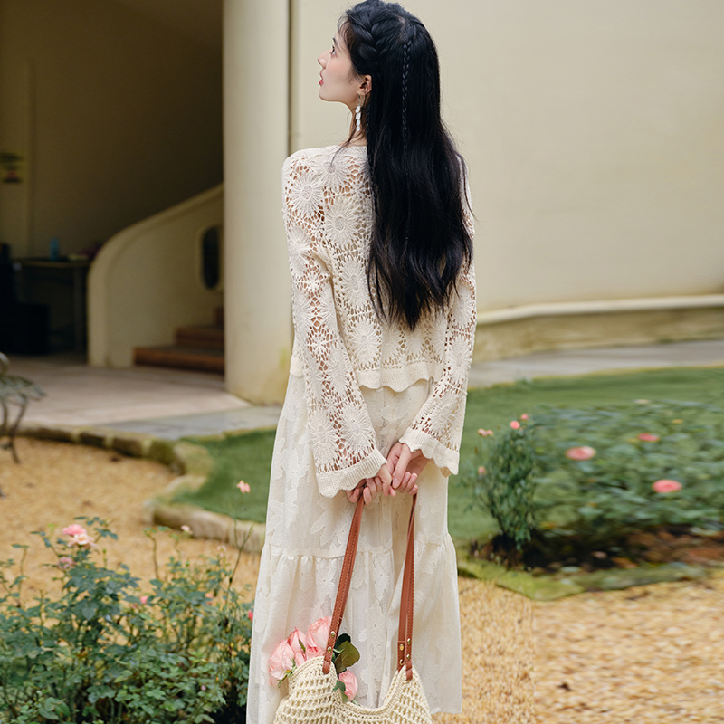 Knitted cardigan summer strap dress 2pcs set for women