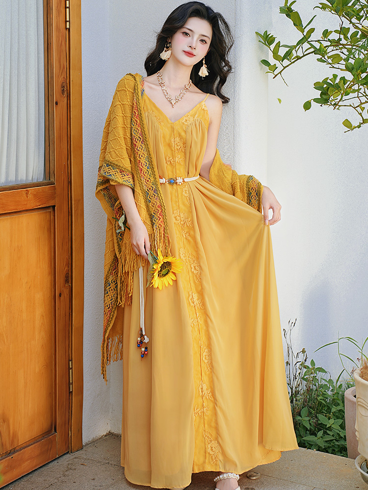 Halter summer sling dress vacation beautiful long dress