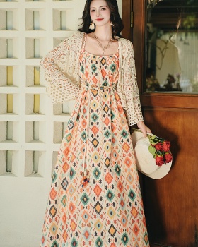 Seaside vacation printing strap dress 2pcs set