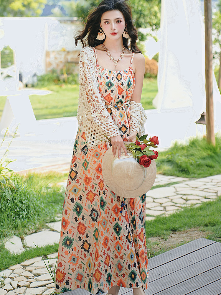 Seaside vacation printing strap dress 2pcs set