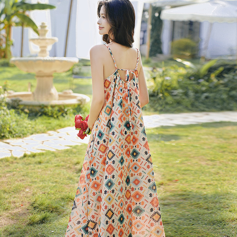 Seaside vacation printing strap dress 2pcs set