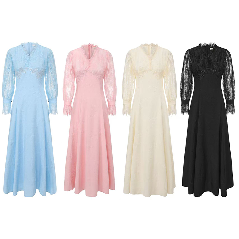 Spring retro splice long jacquard lace long sleeve dress
