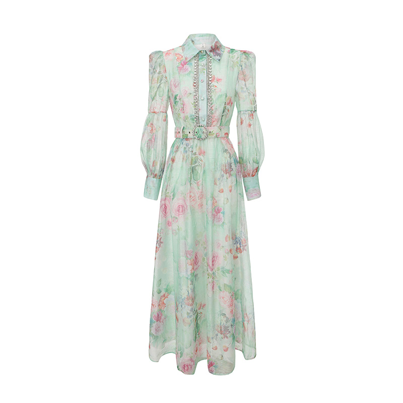 Diamond long retro spring lapel dress