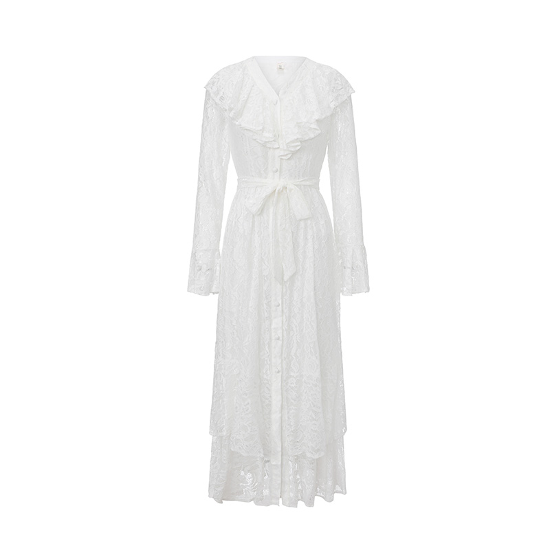 Retro trumpet sleeves lotus leaf edges dress