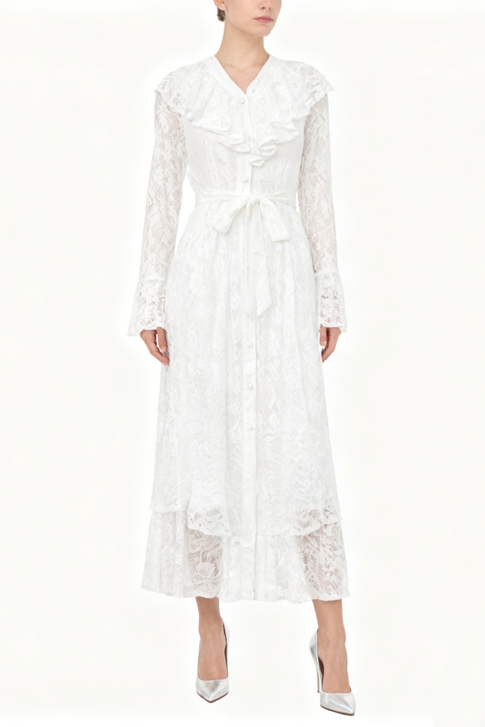 Retro trumpet sleeves lotus leaf edges dress