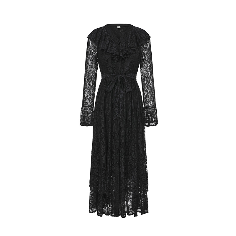 Long trumpet sleeves lotus leaf edges spring lace dress