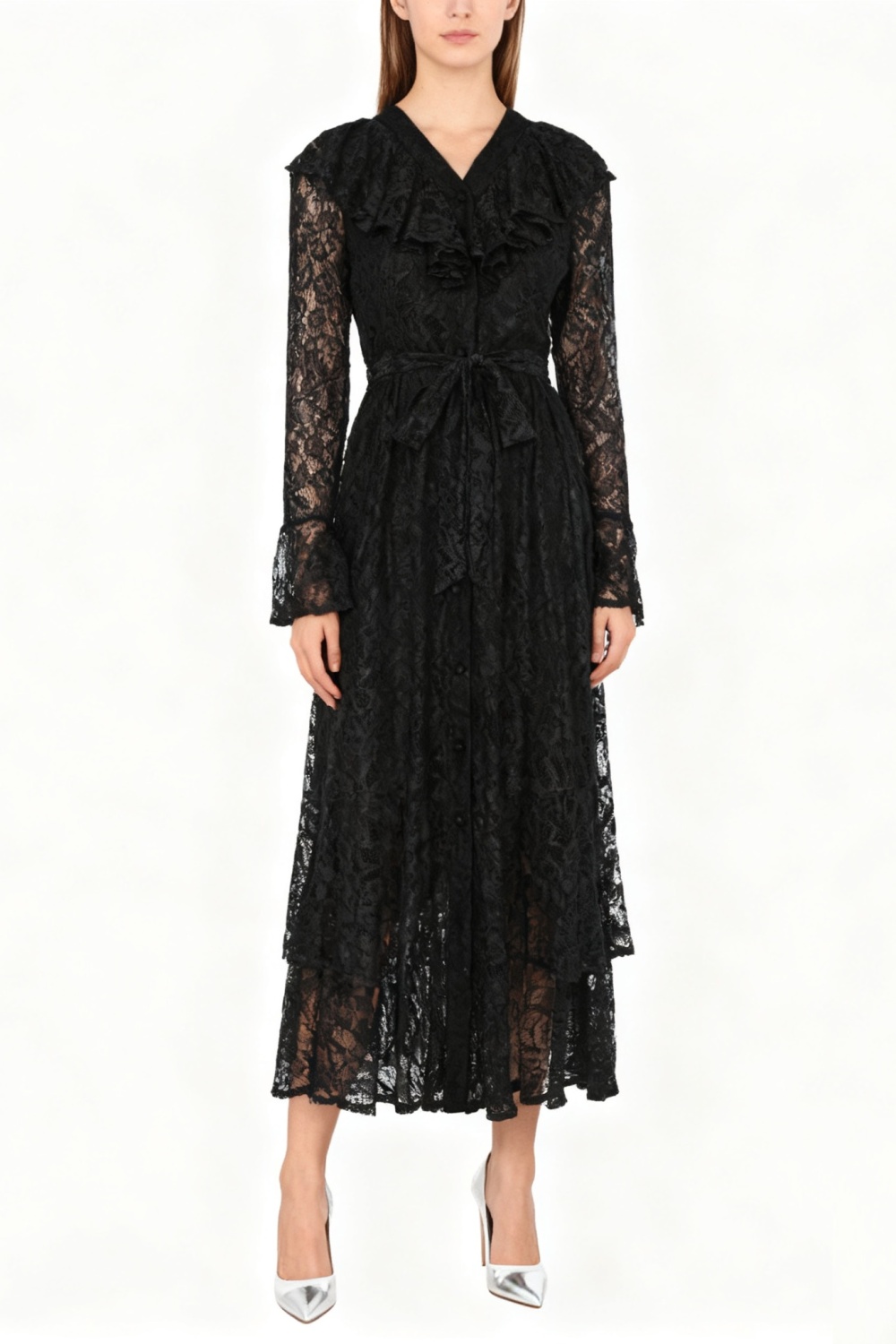 Long trumpet sleeves lotus leaf edges spring lace dress