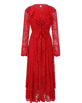 Lace spring trumpet sleeves long lotus leaf edges dress