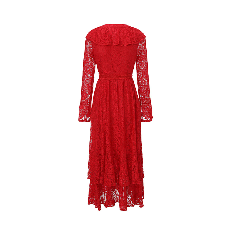 Lace spring trumpet sleeves long lotus leaf edges dress