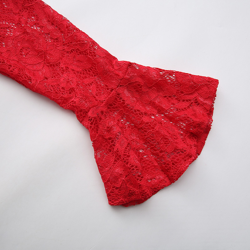 Lace spring trumpet sleeves long lotus leaf edges dress