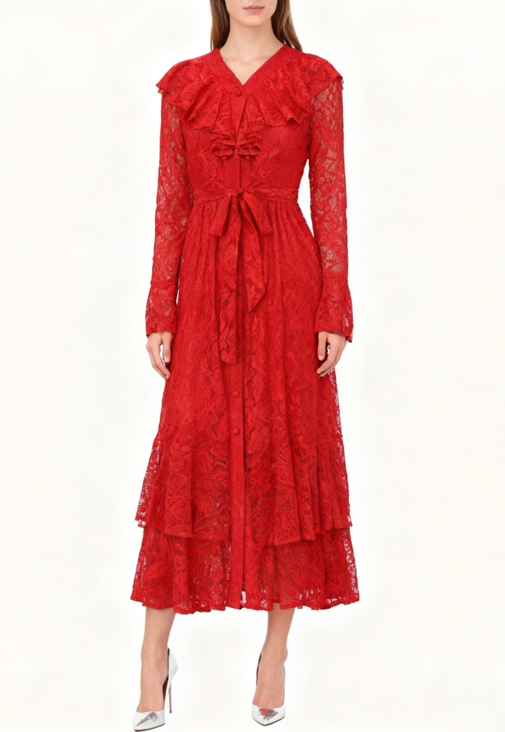 Lace spring trumpet sleeves long lotus leaf edges dress