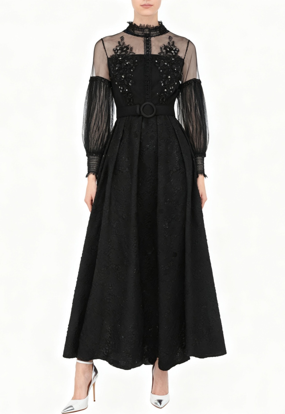 Splice long spring gauze beading jacquard dress