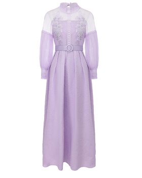 Spring long jacquard beading splice gauze dress