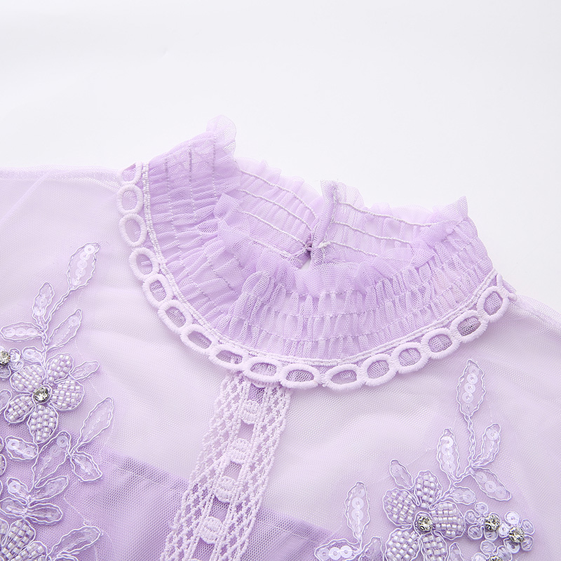 Spring long jacquard beading splice gauze dress