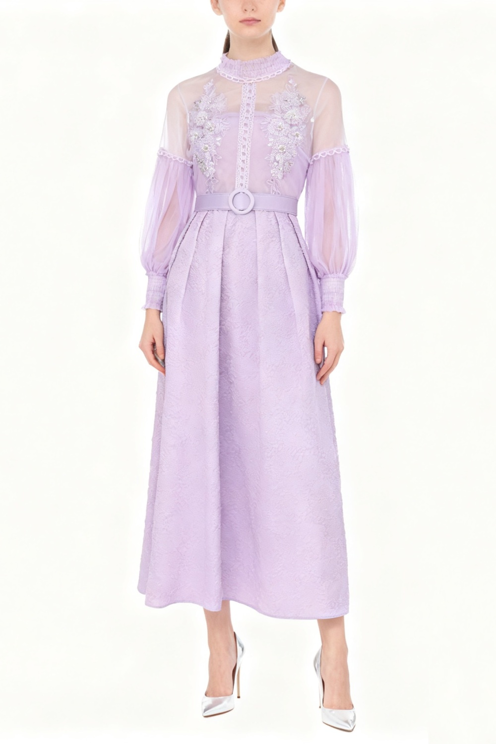 Spring long jacquard beading splice gauze dress