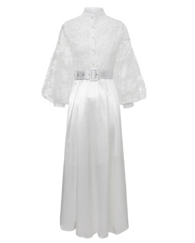 Lace spring splice cstand collar long dress