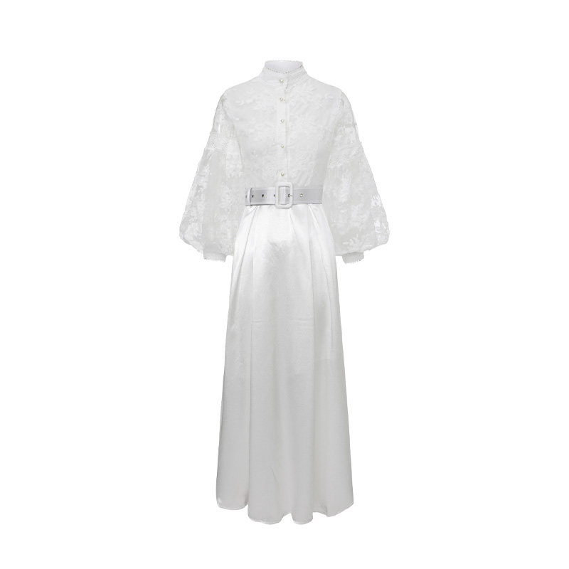 Lace spring splice cstand collar long dress