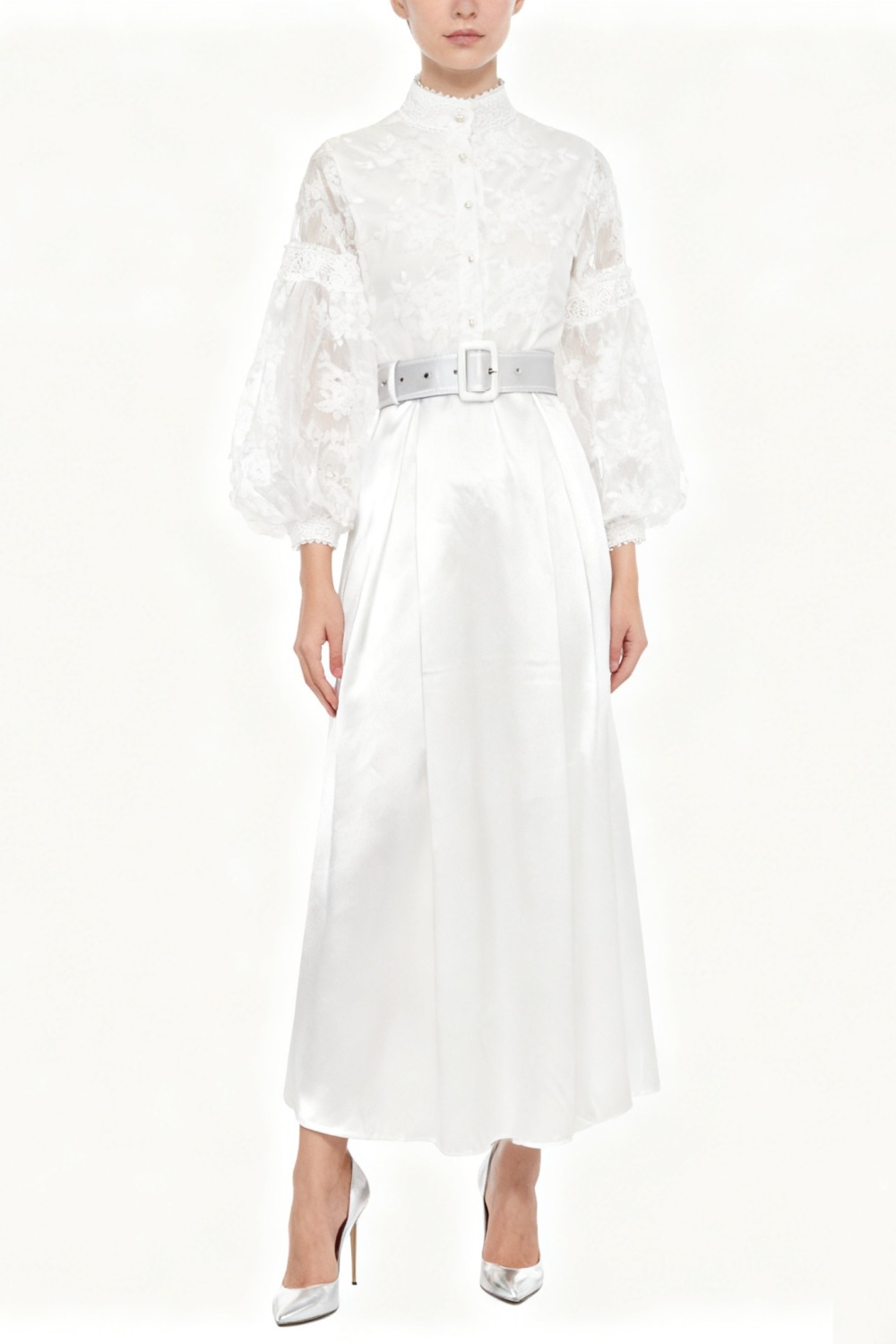 Lace spring splice cstand collar long dress