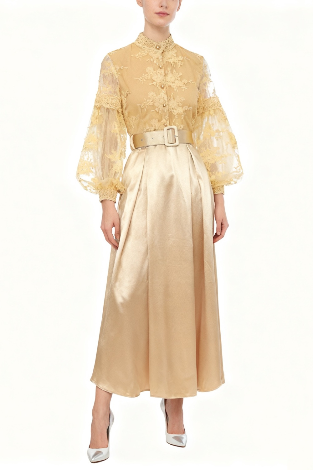 Cstand collar splice spring lace long dress