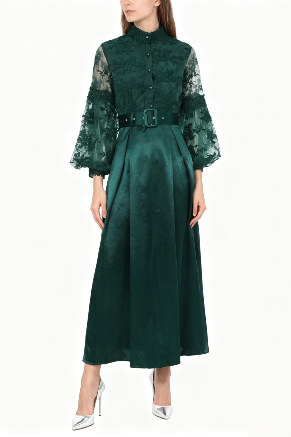 Spring lace long cstand collar splice dress