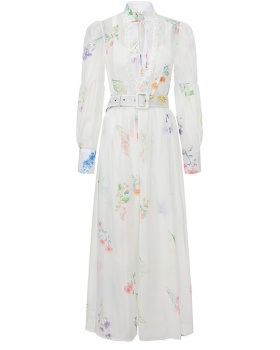 Lantern sleeve cstand collar watercolor dress