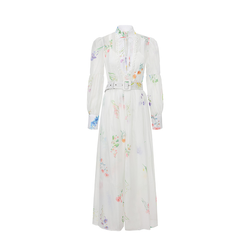 Lantern sleeve cstand collar watercolor dress