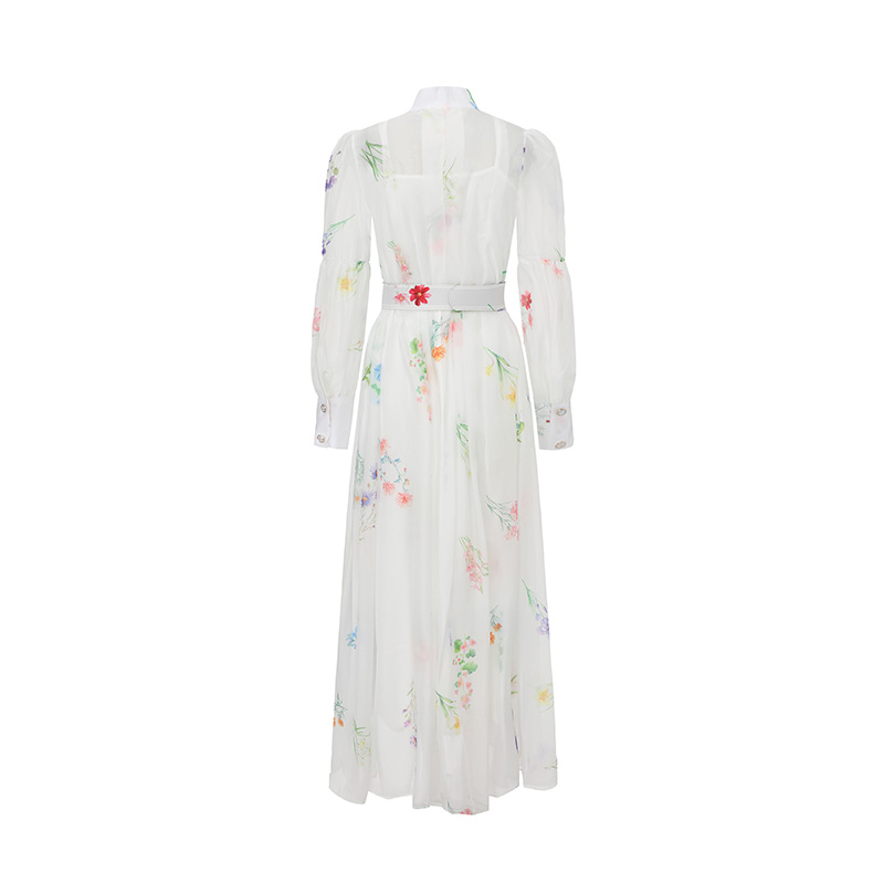 Lantern sleeve cstand collar watercolor dress