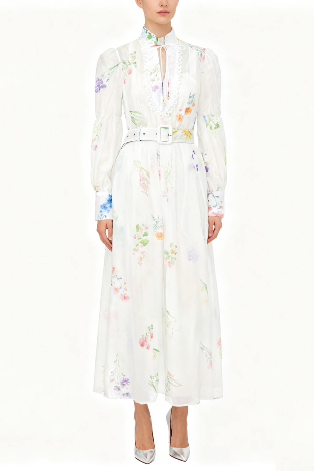 Lantern sleeve cstand collar watercolor dress
