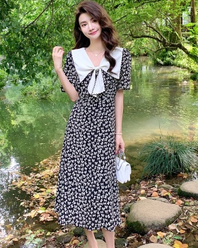 Printing show young long dress bow slim dress