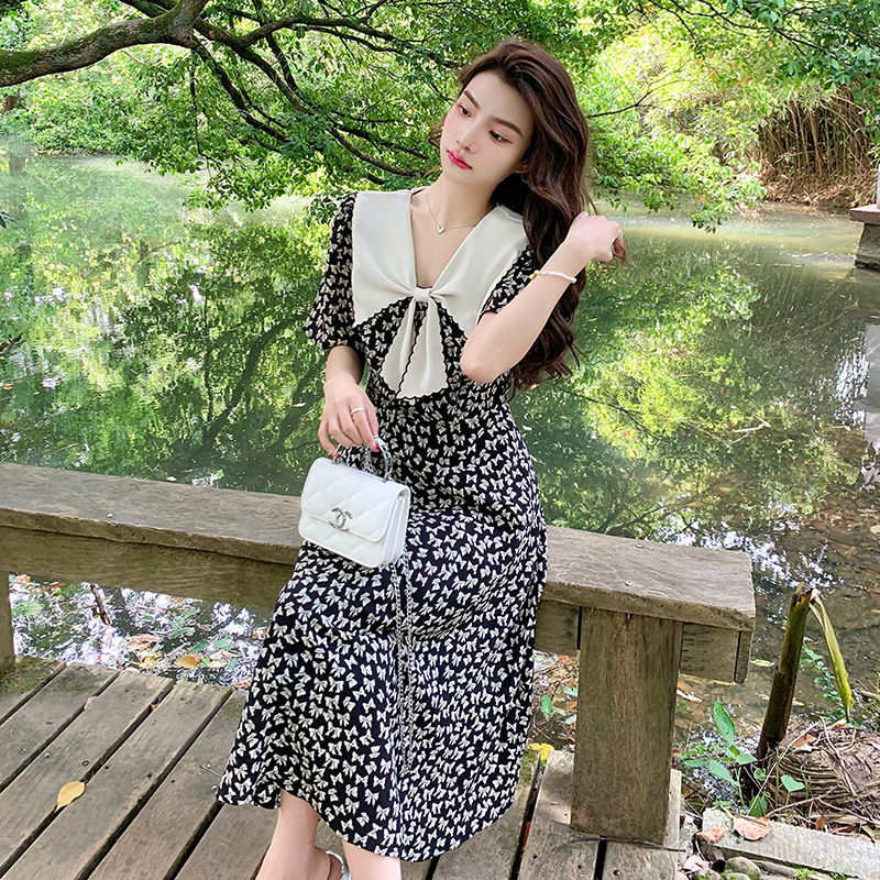 Printing show young long dress bow slim dress