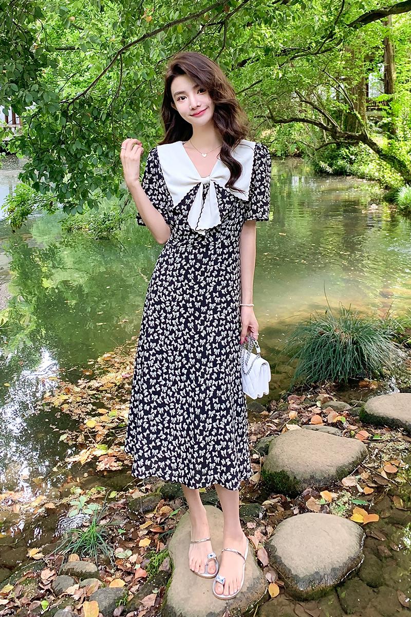 Printing show young long dress bow slim dress