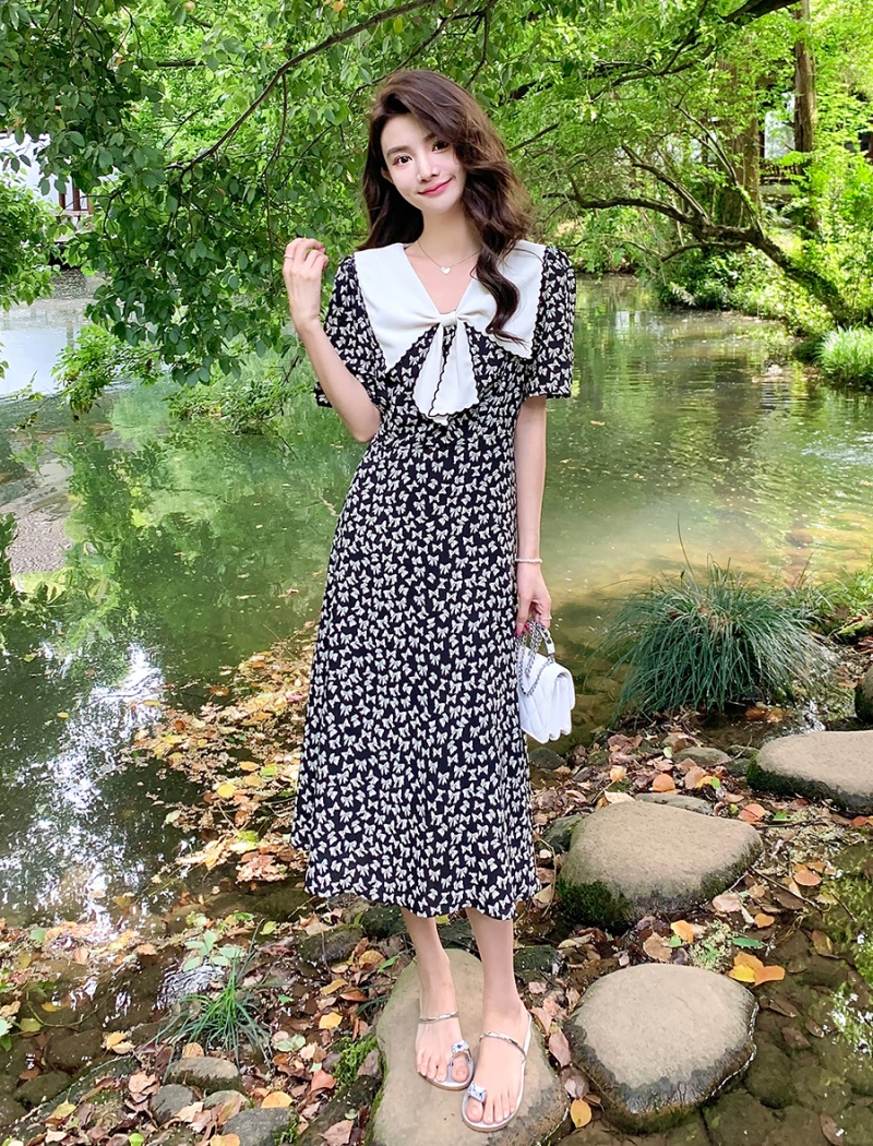 Printing show young long dress bow slim dress