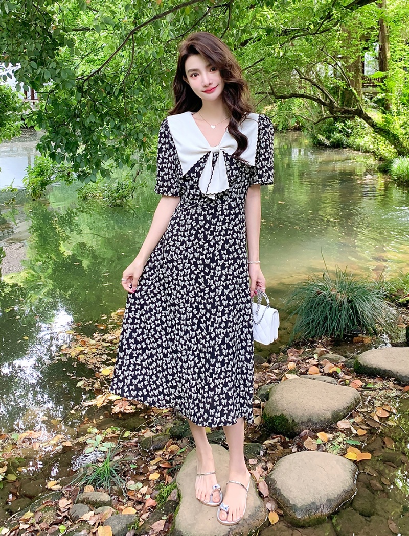 Printing show young long dress bow slim dress