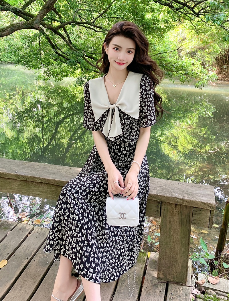 Printing show young long dress bow slim dress