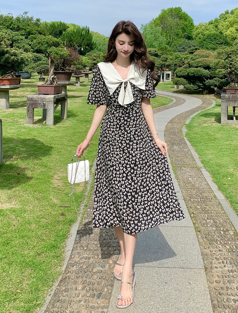 Printing show young long dress bow slim dress