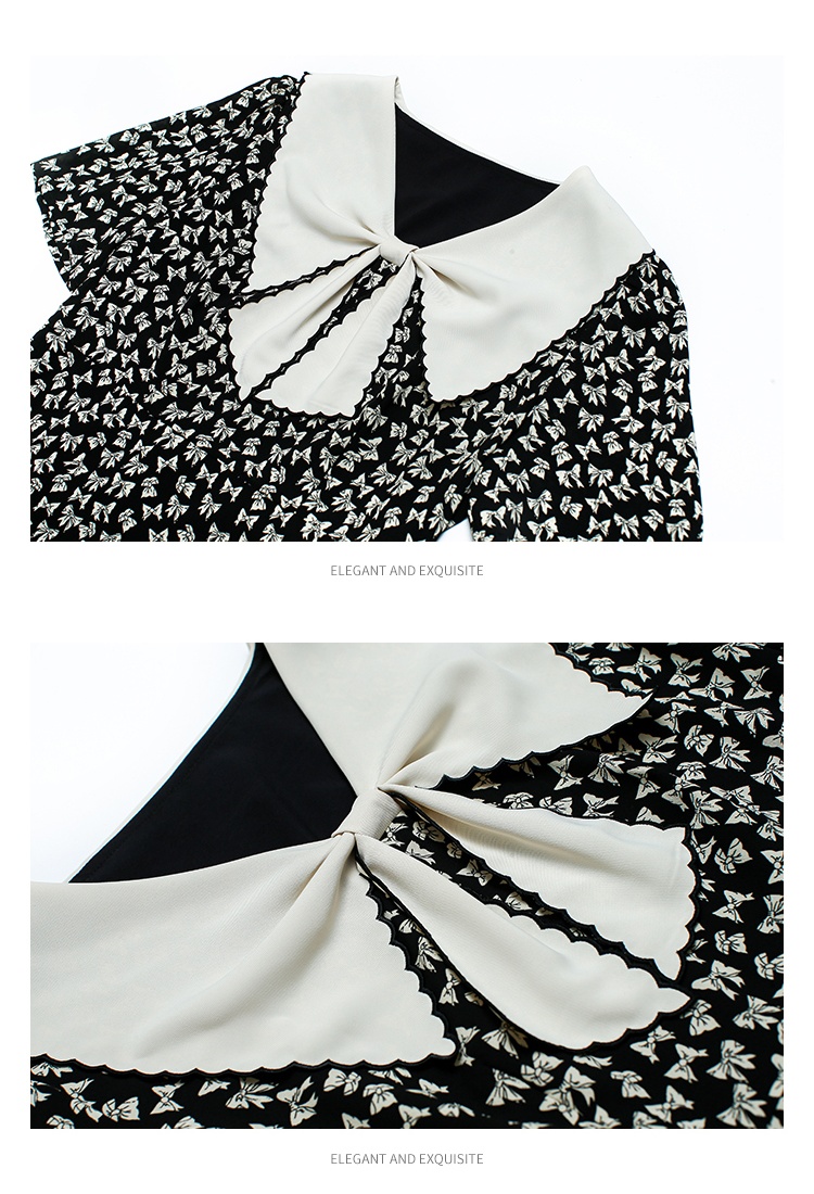 Printing show young long dress bow slim dress