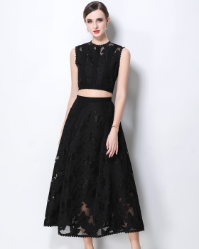 High waist sleeveless tops lace short skirt a set
