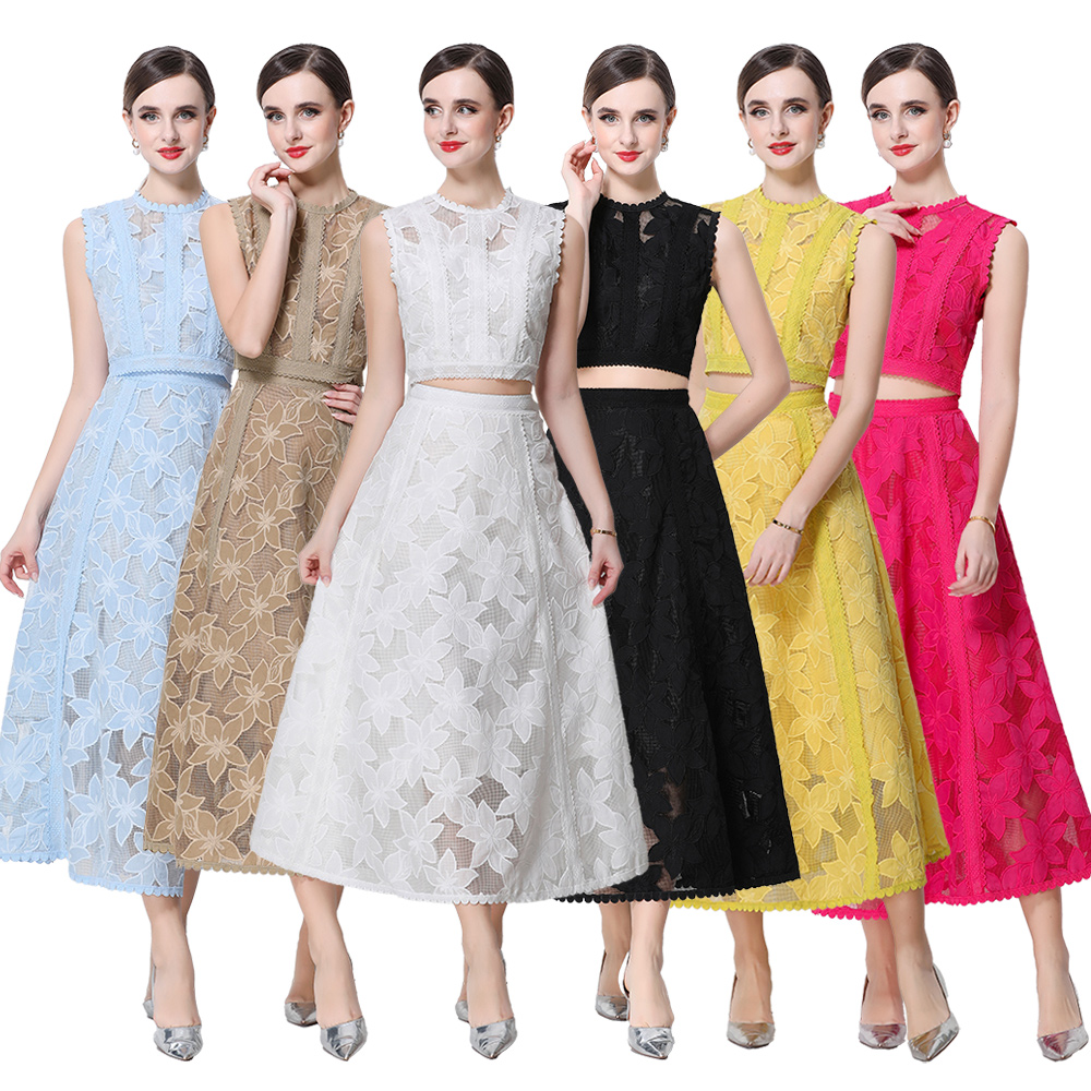 High waist sleeveless tops lace short skirt a set