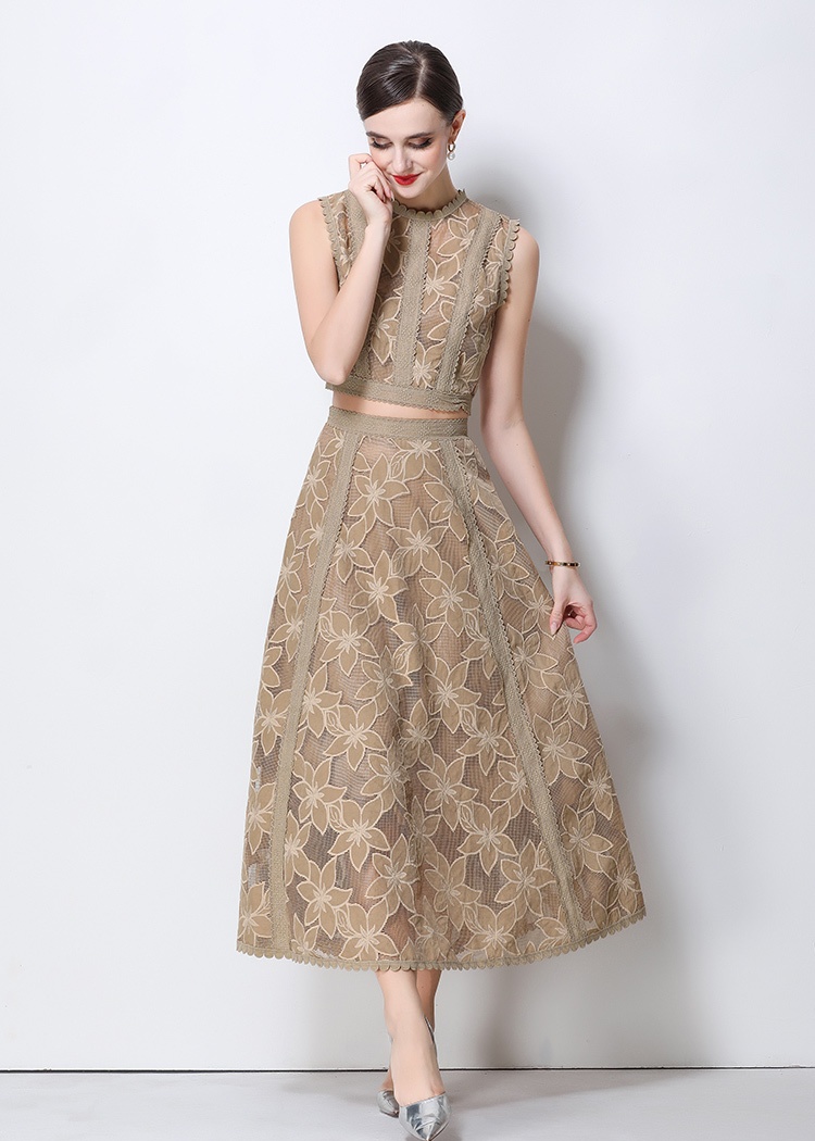 High waist sleeveless tops lace short skirt a set