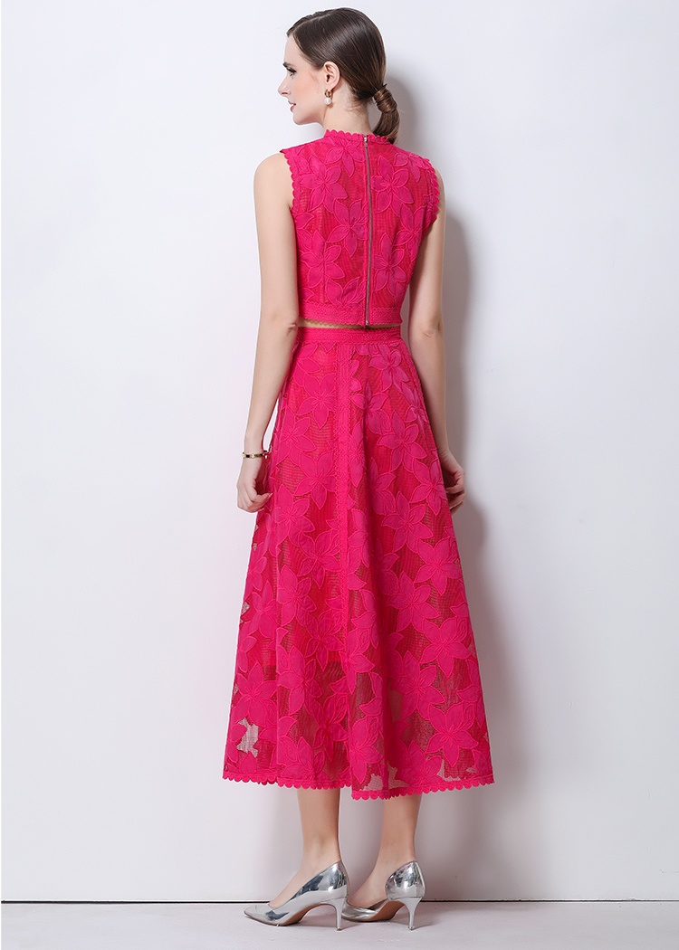 High waist sleeveless tops lace short skirt a set