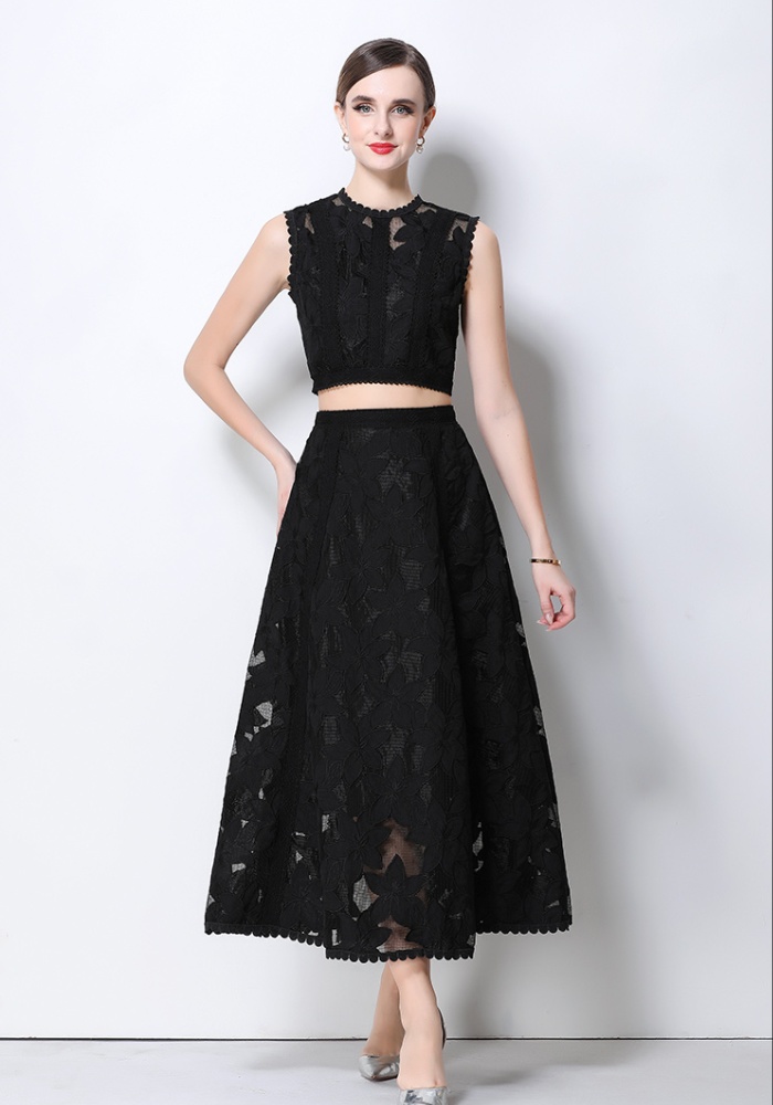 High waist sleeveless tops lace short skirt a set