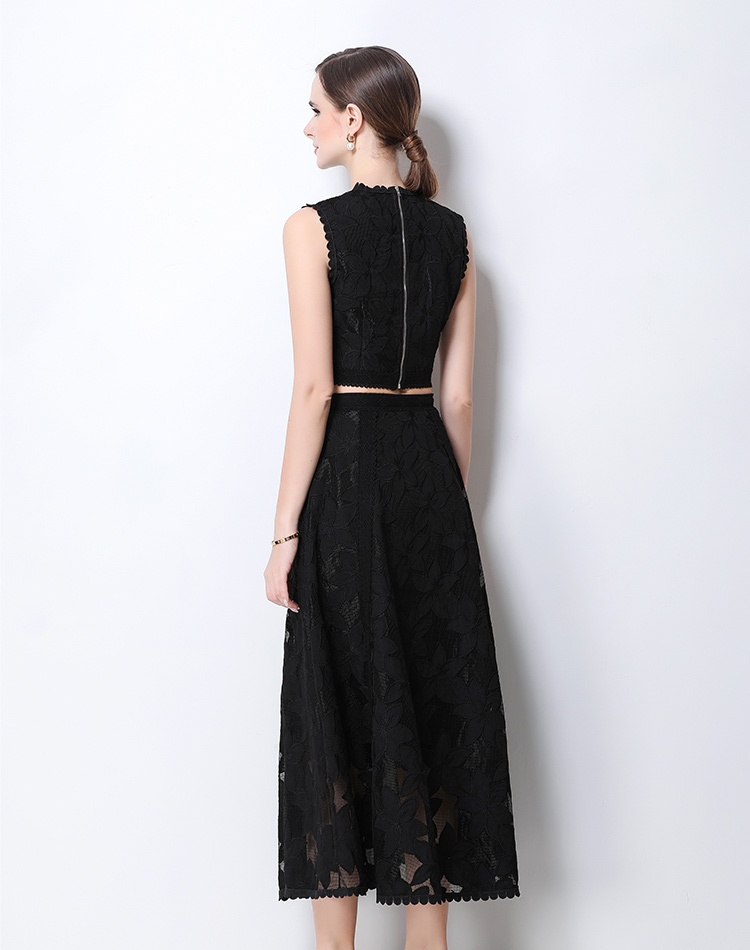 High waist sleeveless tops lace short skirt a set