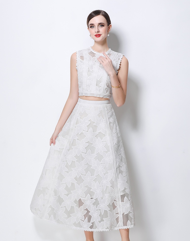 High waist sleeveless tops lace short skirt a set