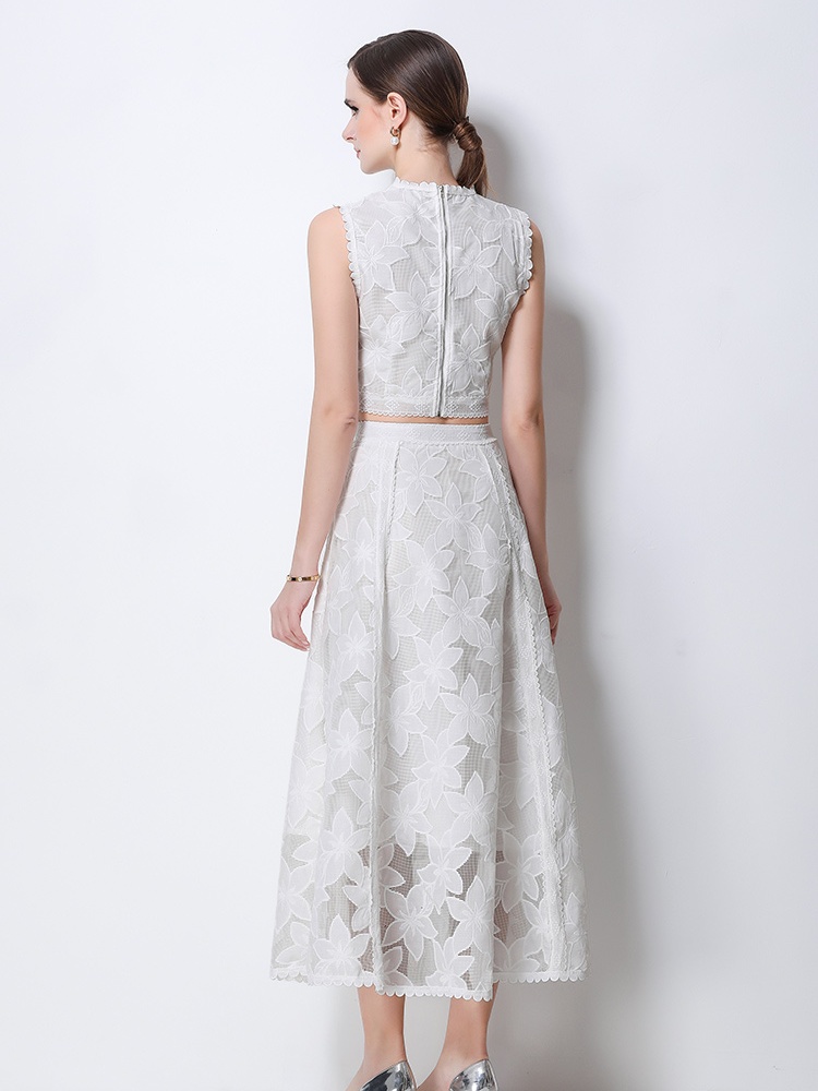 High waist sleeveless tops lace short skirt a set