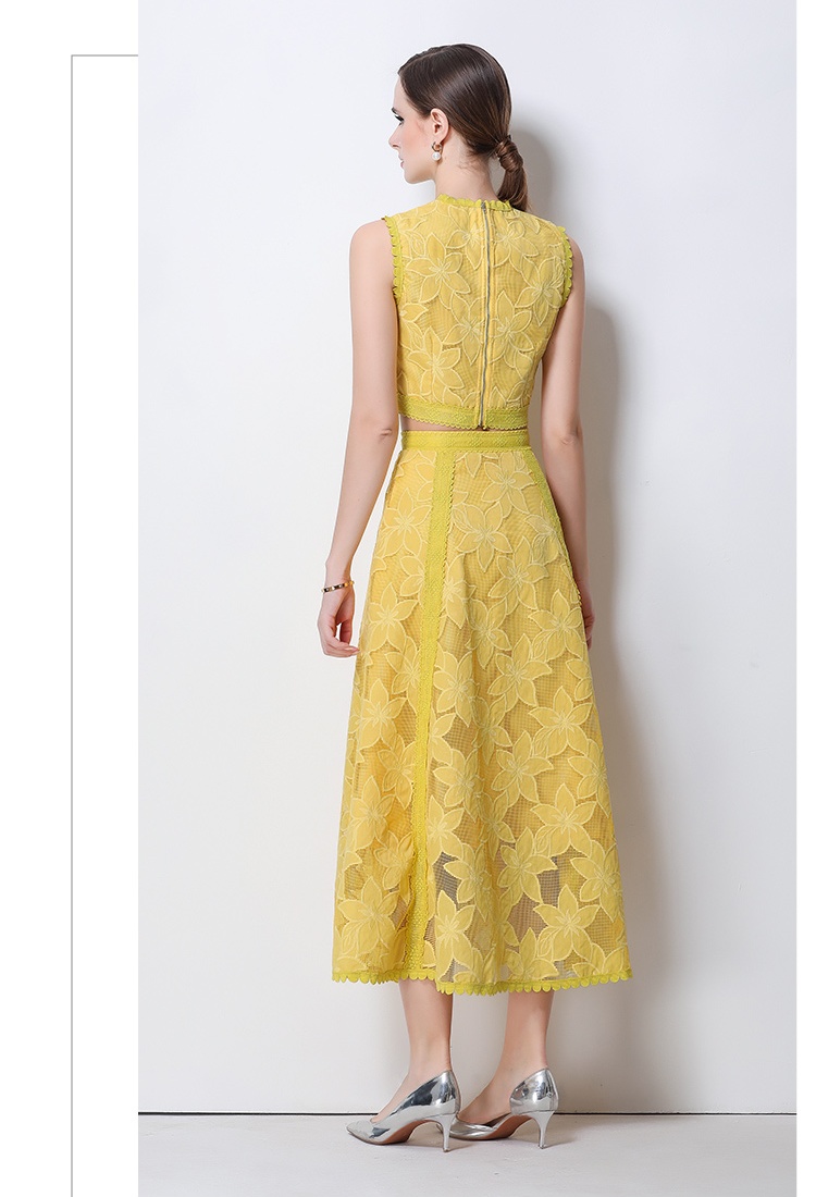 High waist sleeveless tops lace short skirt a set