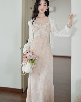 Sequins V-neck strap dress white slim dress for women