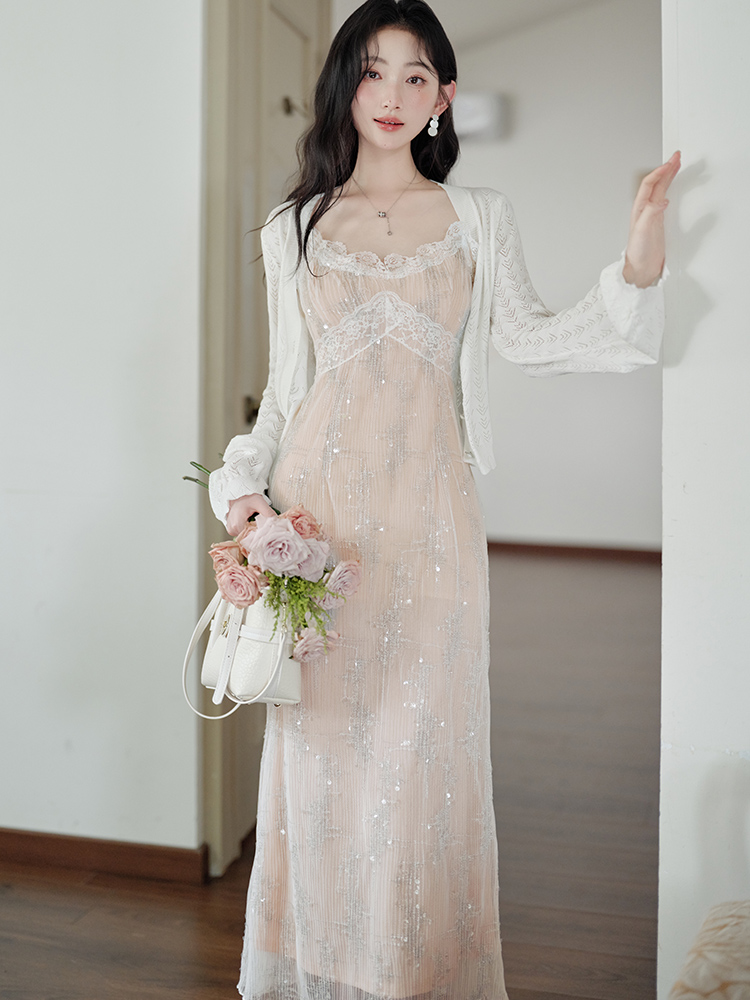 Sequins V-neck strap dress white slim dress for women