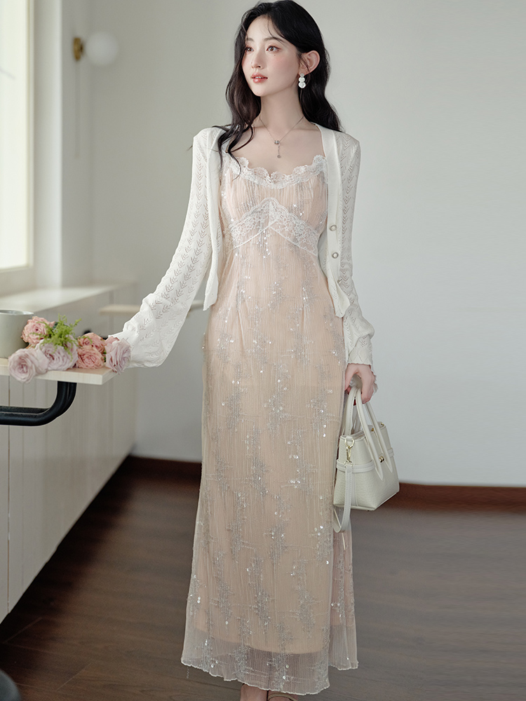 Sequins V-neck strap dress white slim dress for women