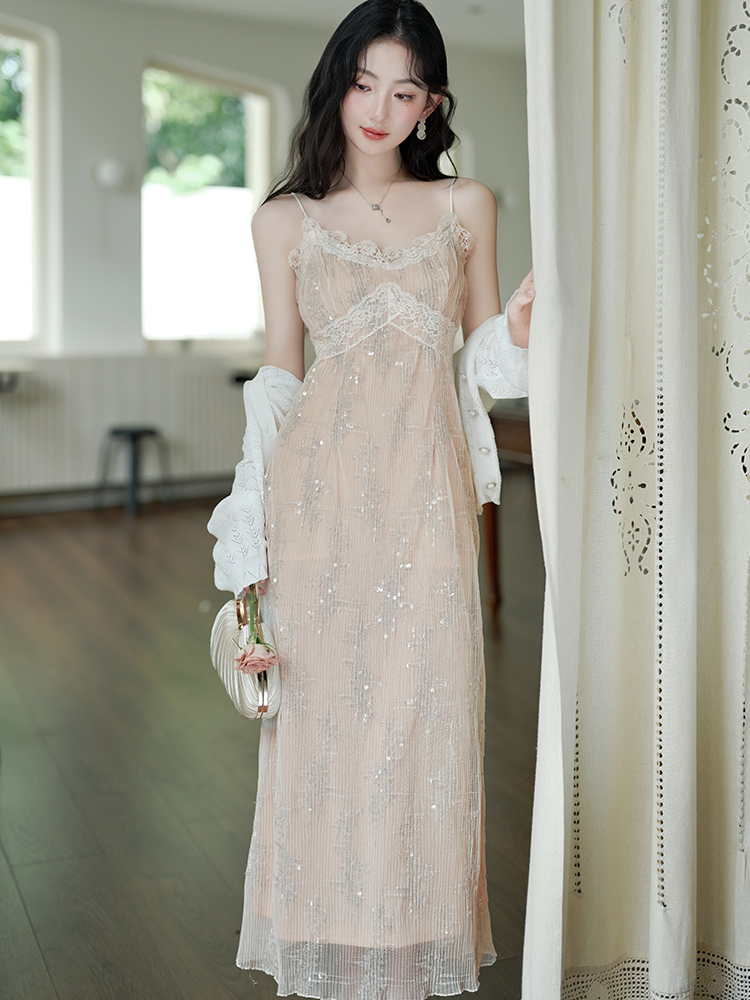 Sequins V-neck strap dress white slim dress for women